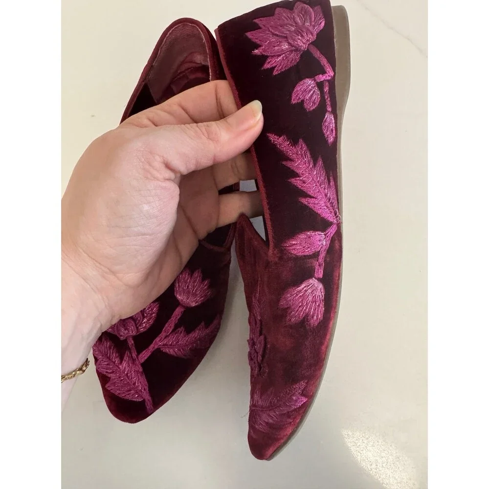 Birdies Heron Embroidered Flat in Crimson Velvet, featuring metallic floral - Picture 7 of 9